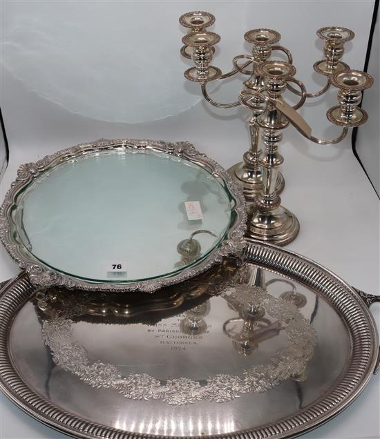 Plated wares, pair of candelabra, glass topped salver